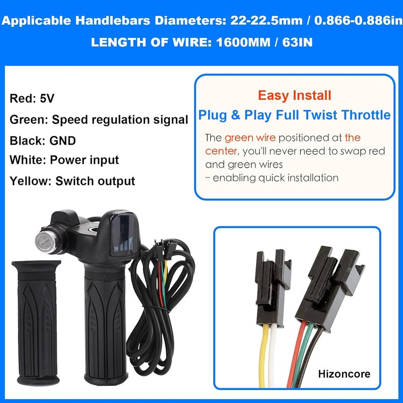 Hizoncore Compatible Fit for Ridstar Q20 Full Twist Throttle 48V, LCD Display with Key Lock, Plug and Play Easy Installation, Universal Electric Bike Throttle Grip for EBike Scooter Motorcycle (with Tie) - Image 4